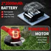 A split image showing a battery pack and circuit board at the top, and a grass trimmer in use at the bottom. Produktbild-Vorschau