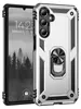 A silver and black rugged phone case with a ring holder is shown next to a smartphone displaying a lock screen. Produktbild-Vorschau