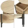 Collage of close-up shots of a round coffee table with a wood-look finish and black metal legs. Podgląd zdjęcia produktu