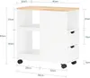 A diagram of a white rolling cabinet with a wooden top, showing dimensions and features. Náhľad obrázku produktu