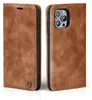 A brown leather flip case for an iPhone 13 Pro is shown from the front and back. Produktbild-Vorschau