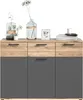 A modern sideboard with wooden top drawers and gray cabinet doors, decorated with vases of flowers and a framed picture. Produktbild-Vorschau