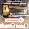 A modern bed with integrated features like charging ports and lighting, presented with overlay text and icons highlighting its functionalities. Voir les images du produit