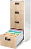 A white filing cabinet with wood-effect drawer fronts, one drawer is open showing colorful hanging files. Anteprima dell’immagine prodotto