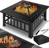 A black metal fire pit with a grill grate and cooking food, along with accessories like tongs and a poker, is displayed. Produktbild-Vorschau