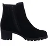 A black suede ankle boot with a block heel and a side zipper. Produktbild-Vorschau