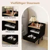 A collage of images showing a black nightstand with a wood-tone shelf and drawer, highlighting its features and storage options. Náhled obrázku produktu