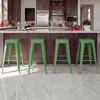 A modern kitchen with dark wood cabinets, a marble countertop, and four green bar stools. Voir les images du produit