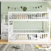 A white bunk bed with stairs and drawers in a child's room, decorated with a banner and flags. Voir les images du produit