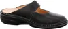 A black leather clog shoe is shown from the side against a white background. Podgląd zdjęcia produktu