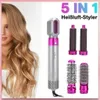 Silber- und rosafarbener 5-in-1-Heißluftstyler mit mehreren Aufsätzen, neben einer Frau mit welligen blonden Haaren Podgląd zdjęcia produktu
