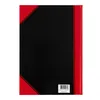 The back of a notebook with a black cover and red accents on the sides and corners. A barcode is visible at the bottom right. Produktbild-Vorschau