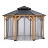 A gazebo with a black roof and wooden frame, enclosed by gray mesh curtains, is shown against a white background. Náhled obrázku produktu