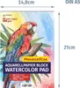 A watercolor pad with a parrot illustration and product dimensions. Podgląd zdjęcia produktu