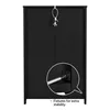 The back of a black cabinet is shown, with a close-up inset of a screw being inserted into a fixture for stability. Produktbild-Vorschau