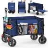 A collage of images showing a blue foldable wagon in different configurations and close-ups of its features. Anteprima dell’immagine prodotto