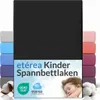 A stack of folded fitted sheets in various colors, with a black fitted sheet prominently displayed in the foreground. Text and logos are overlaid on the black sheet, and a sleeping child is visible in the lower right corner. Náhľad obrázku produktu