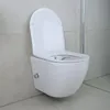 A modern, wall-mounted toilet with the lid open, set against a tiled wall. Produktbild-Vorschau
