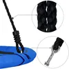 Close-up view of a blue swing seat with black rope and metal hardware. Voir les images du produit