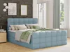 A bedroom scene with a blue upholstered bed as the main focus. Produktbild-Vorschau