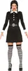 A woman wearing a black dress, white collar, black belt, and striped stockings, posing for a product image. Produktbild-Vorschau