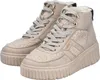 A pair of beige high-top sneakers with shearling accents and a thick platform sole. Voir les images du produit