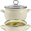 Two views of a speckled beige enamel pot with a glass lid and a pot filled with soup. Produktbild-Vorschau