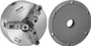 A metal lathe chuck and a mounting plate are shown on a white background. Produktbild-Vorschau
