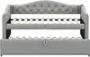 A light gray upholstered daybed with a pull-out trundle bed is shown from the front with the mattresses removed. Produktbild-Vorschau