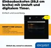 Advertising image for an Exquisit built-in oven with product details and benefits listed. Produktbild-Vorschau