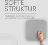 A hand touching a square gray cushion with a textured surface, with text describing its features. Anteprima dell’immagine prodotto
