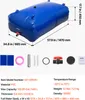 A blue water bladder tank with dimensions and accessories shown below, along with product specifications. Voir les images du produit