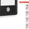 Close-up of a black LED outdoor light with a motion sensor, next to marketing text and icons detailing its features. Produktbild-Vorschau