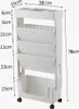 A white rolling storage cart with multiple shelves and compartments, shown with dimensions indicated by measurement lines and text. Produktbild-Vorschau