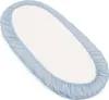 A pastel blue fitted sheet with an elastic band around the edges, laid flat on a white background. Produktbild-Vorschau
