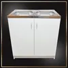 A white kitchen cabinet with a double sink and chrome fixtures, set against a black background with a gold border. Produktbild-Vorschau