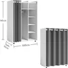 A white wardrobe with a gray curtain on the left side, and a white open shelving unit on the right. Dimensions are indicated with text and lines. A separate image of a similar wardrobe with a curtain is shown on the right. Produktbild-Vorschau