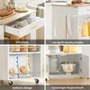 A collage of four images showcasing different features and storage options of a kitchen cart. Produktbild-Vorschau