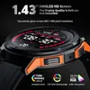 Close-up marketing image of a smartwatch with text overlays highlighting its features. Produktbild-Vorschau
