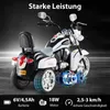 A promotional image of a white and black police-themed electric motorcycle for children, with technical specifications displayed. Náhľad obrázku produktu