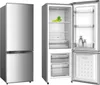 A split image showing a closed refrigerator on the left and an open refrigerator on the right, revealing its interior. Produktbild-Vorschau