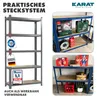 A collage of images showing a gray shelving unit with product tags and a blue shelving unit with various items on it. Produktbild-Vorschau