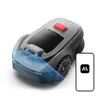A robotic lawnmower is shown with a smartphone displaying an app, suggesting smart control and features. Produktbild-Vorschau