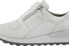 A side view of a white women's sneaker with decorative floral embossing and a zipper. Produktbild-Vorschau