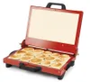 A red electric grill with a cream-colored lid, open and showing multiple round, golden-brown food items inside. Náhled obrázku produktu