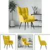 A yellow velvet armchair is displayed in a room with a plant and shelving unit, and also in three separate cropped views. Náhled obrázku produktu
