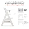 A white wooden high chair is shown from the side, with three different tray options displayed to the right. Text in German describes the product's expandability. Podgląd zdjęcia produktu