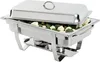 A stainless steel chafing dish filled with broccoli and cauliflower, with its lid partially open. Voir les images du produit
