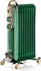 A green oil-filled radiator with cream-colored controls and a silver handle, shown on a white background with wheels. Voir les images du produit