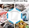 A collage of images showing different uses for a multi-use bag, including storing snacks, cosmetics, towels, gym accessories, toys, and laundry. Produktbild-Vorschau